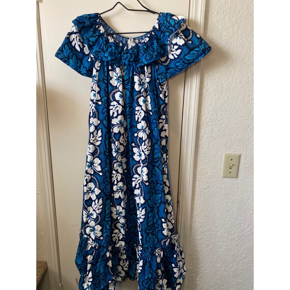 Made In Hawaii Floral Blue White Cotton Maxi‎ Dress Women's Size M